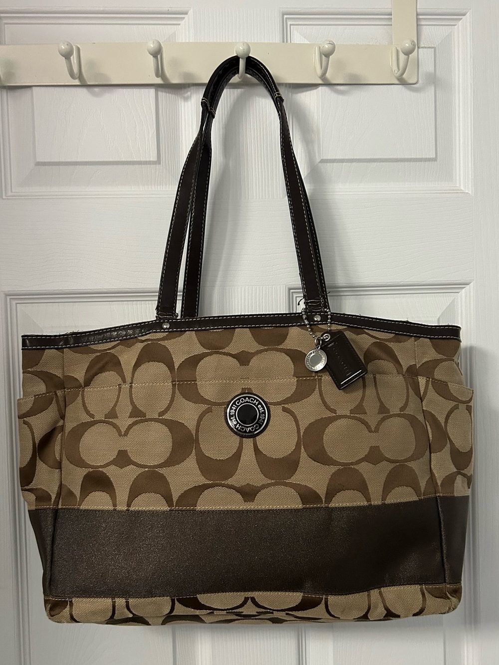 Coach Brown Signature Canvas Tote with Dark Brown Leather Trim